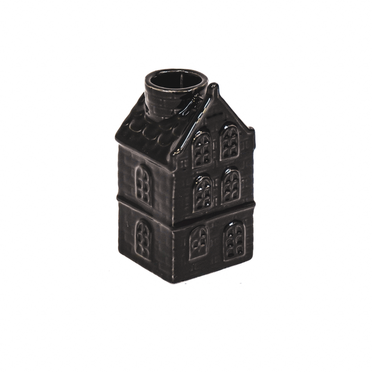 Kaarshouder - Huis - Keramiek - Zwart - 6x5,5x11cm
