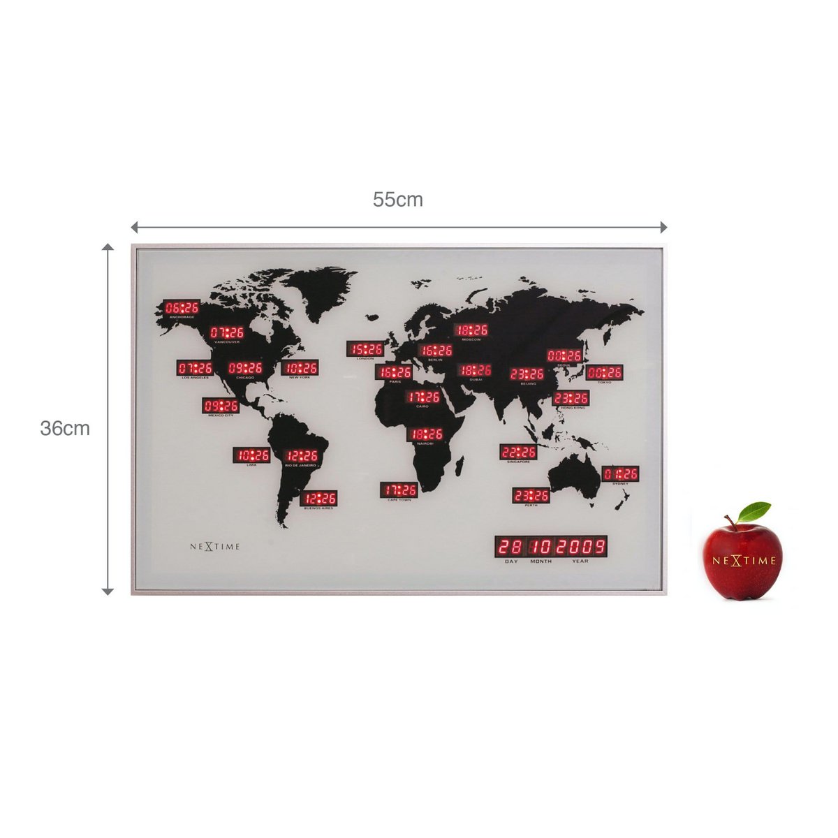 Wandklok - 55 X 36 X 4 Cm - Glas - Aluminium - Wereldtijdklok - 'World Time Digit'