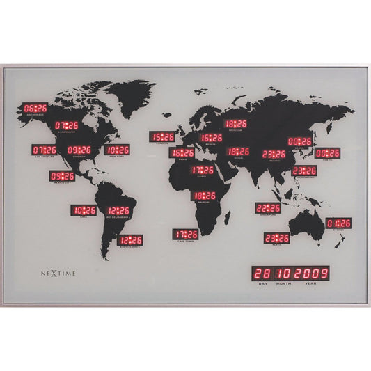 Wandklok - 55 X 36 X 4 Cm - Glas - Aluminium - Wereldtijdklok - 'World Time Digit'