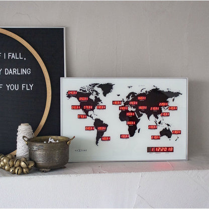 Wandklok - 55 X 36 X 4 Cm - Glas - Aluminium - Wereldtijdklok - 'World Time Digit'