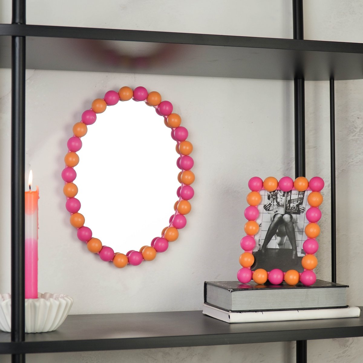 Spiegel - Ovaal - Bubbels - Neon Roze/Oranje - 29X22,5Cm