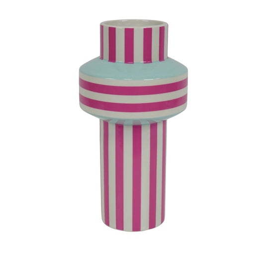 Vaas - Streep - Keramiek - Mintgroen/Neon Roze - 13x13x25cm
