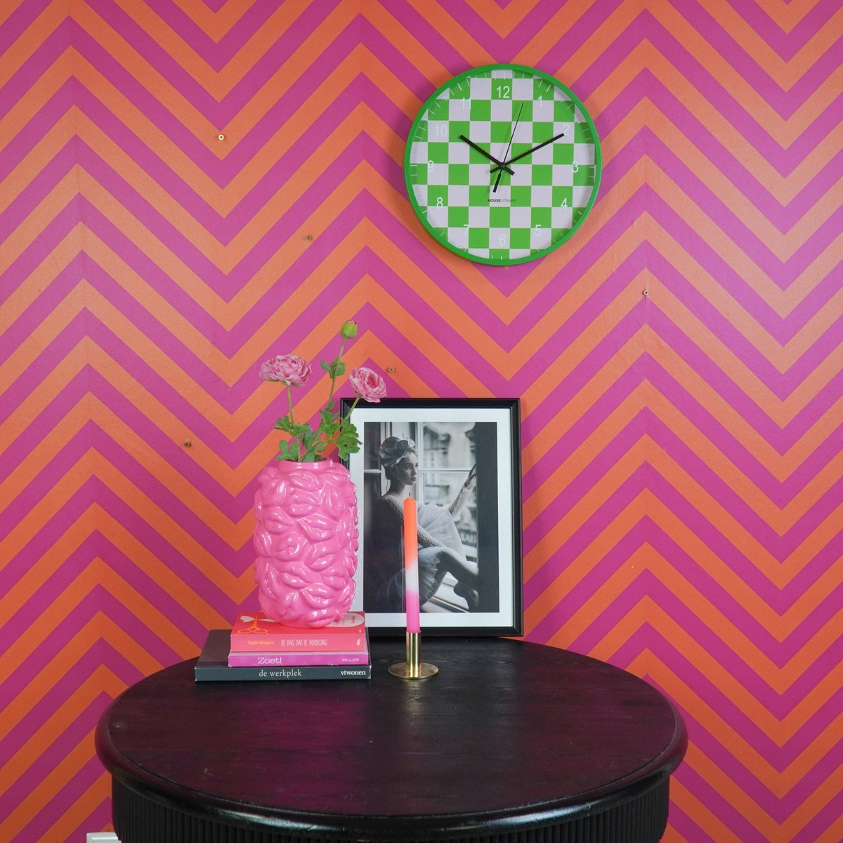 Klok - wandklok - blokpatroon - groen/roze - 34x4x34cm
