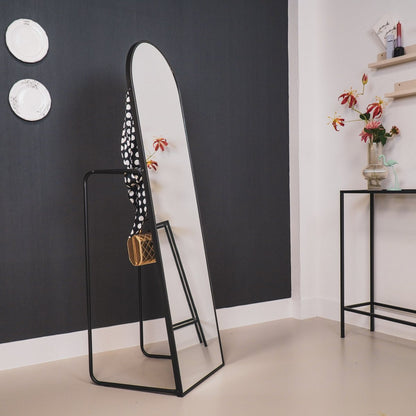 Spiegel - Passpiegel+Kledingrek - Metaal - Zwart - 45x43x150cm