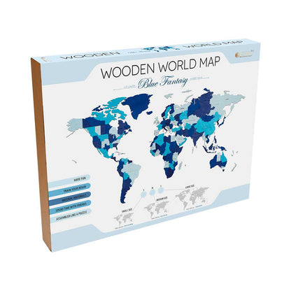 Eco Wood Art (EWA) Houten Wandpuzzel Wereldkaart Blauw Maat S, 2611,100x55x1,2cm