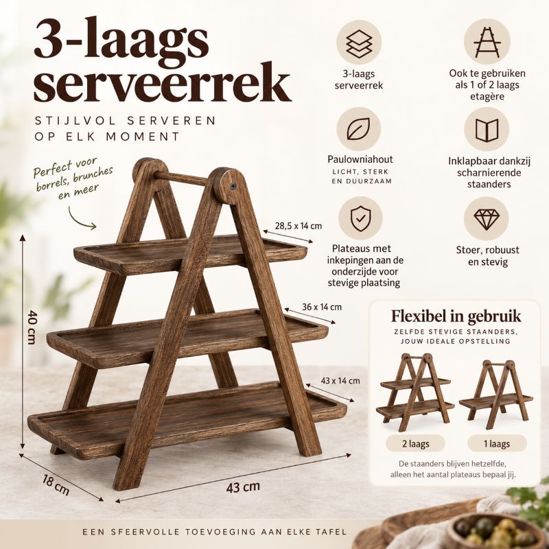 Ceruzo Serveerrek Hout - 3 Laags - 40 Cm