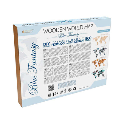Eco Wood Art (EWA) Houten Wandpuzzel Wereldkaart Blauw Maat M, 2659,144x79x1,2cm