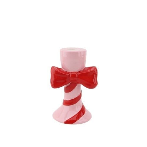 Kandelaar - strepen met boog -pink/rood - 9x8x14cm