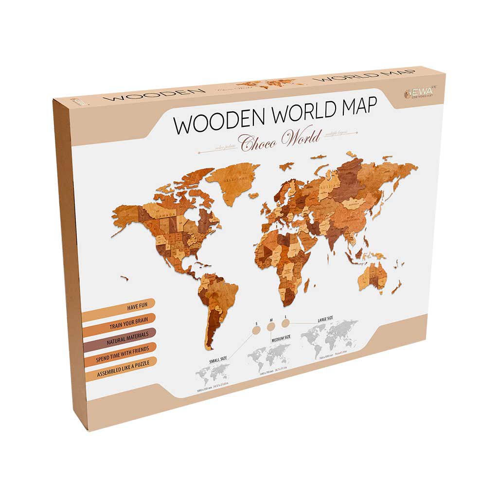 Eco Wood Art (EWA) Houten Wandpuzzel Wereldkaart Choco World, Size S, 2642, 100x55cm