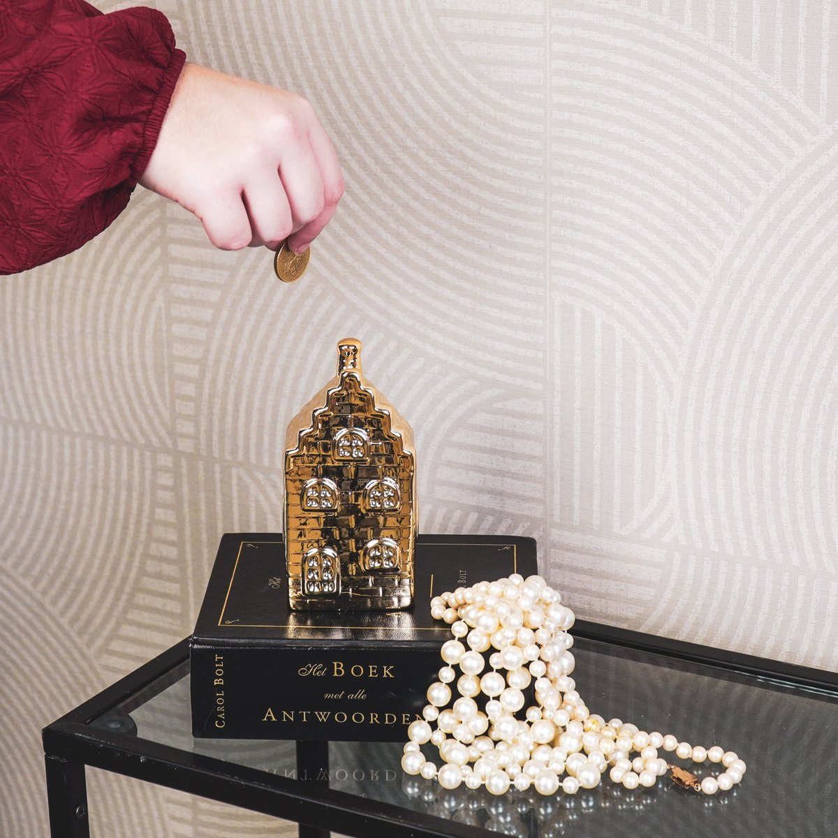 Ornament- Spaarpot - Huis - Keramiek- Goud -7x7x13cm