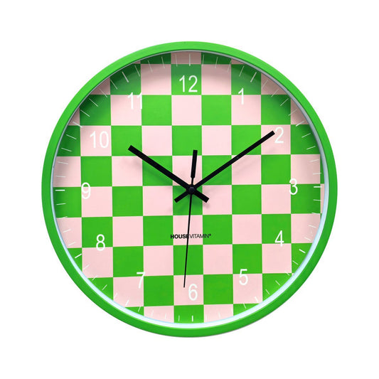 Klok - wandklok - blokpatroon - groen/roze - 34x4x34cm