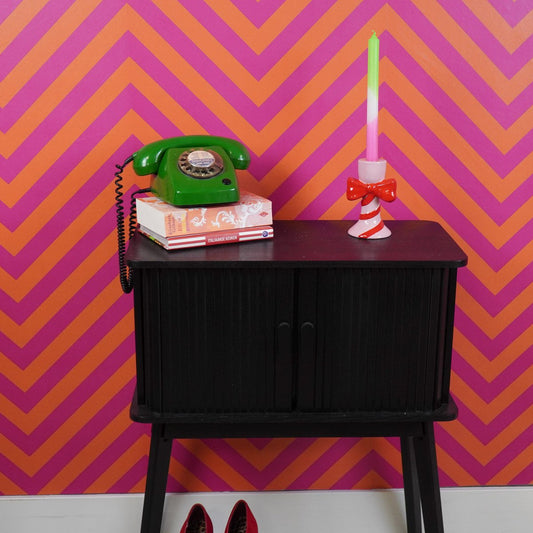 Kandelaar - strepen met boog -pink/rood - 9x8x14cm