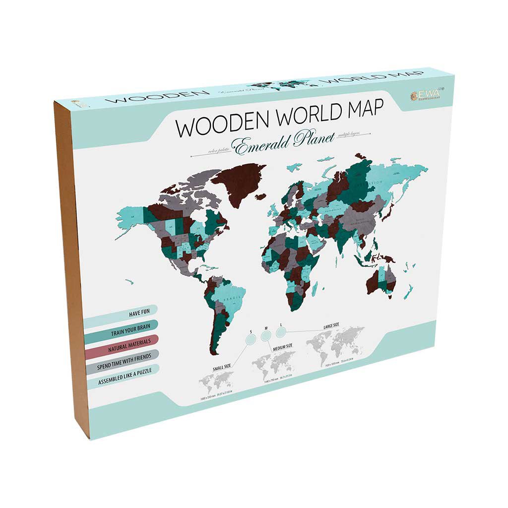 Eco Wood Art (EWA) Houten Wandpuzzel Wereldkaart Emerald Planet, Size M, 2666,144x79x1,2cm