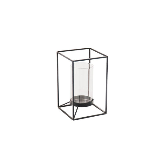 Lantaarn - metaal/glas - zwart - 12,5x12,5x20cm